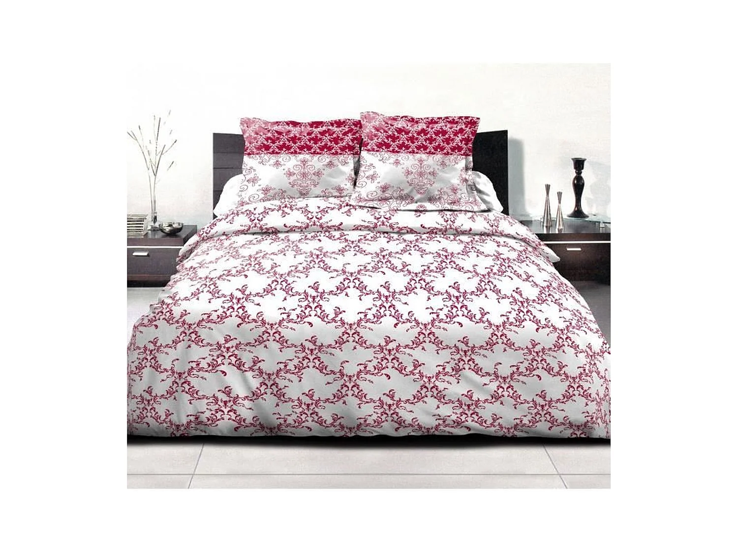 Parure de couette 220 x 240 cm : Housse de couette + 2 taies d'oreiller - 100% Coton - Bordeaux