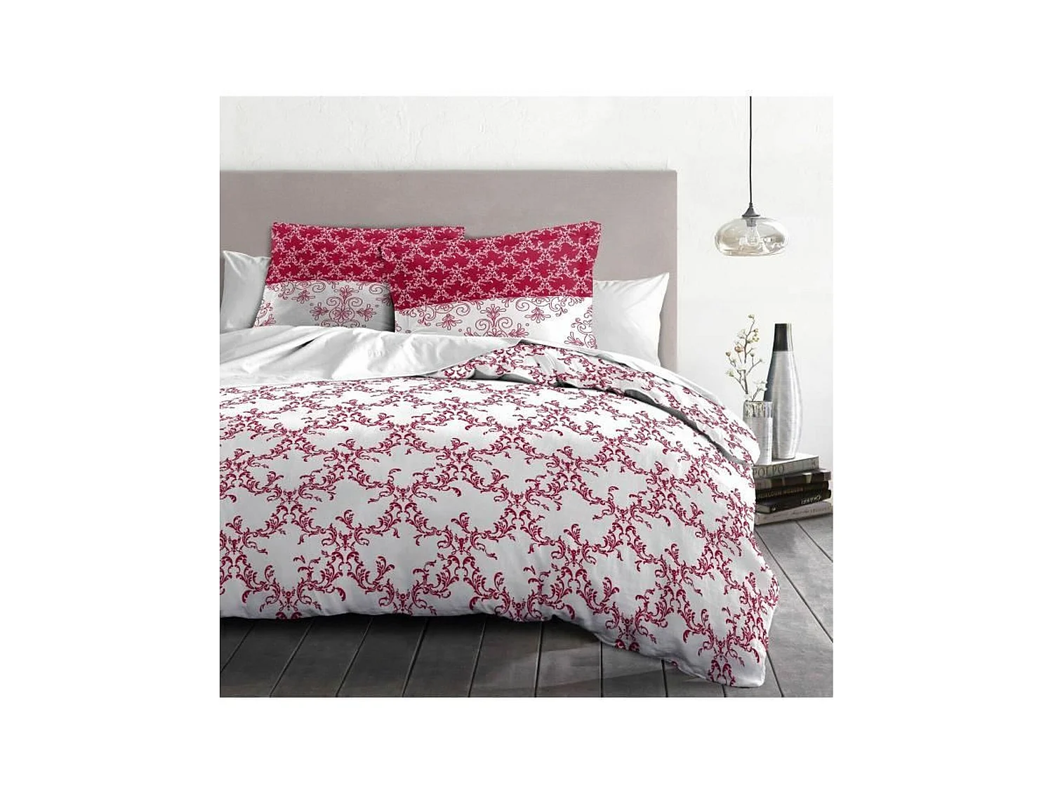 Parure de couette 220 x 240 cm : Housse de couette + 2 taies d'oreiller - 100% Coton - Bordeaux