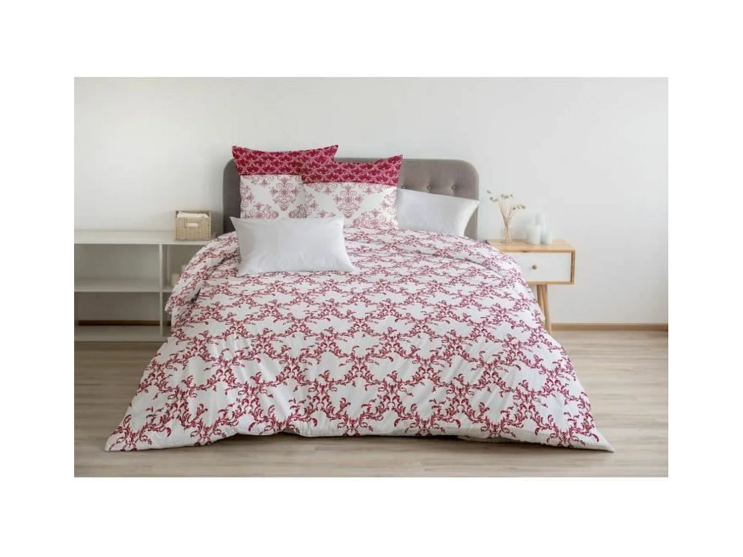 Parure de couette 220 x 240 cm : Housse de couette + 2 taies d'oreiller - 100% Coton - Bordeaux