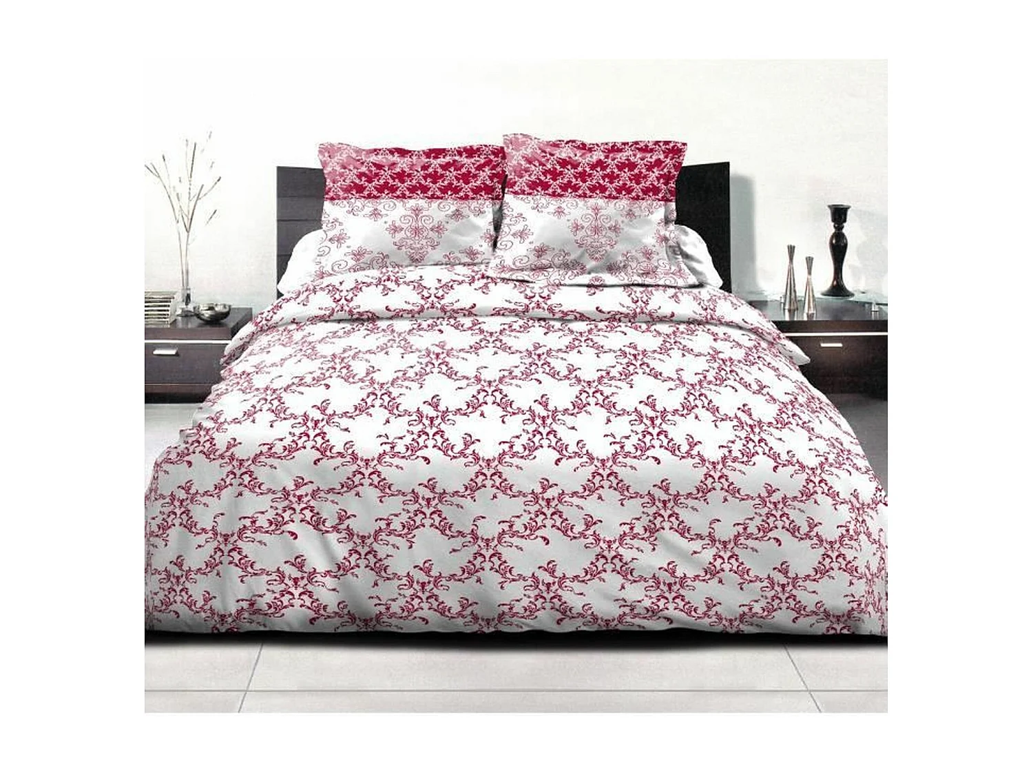 Parure de couette 240 x 260 cm : Housse de couette + 2 taies d'oreiller - 100% Coton - Bordeaux