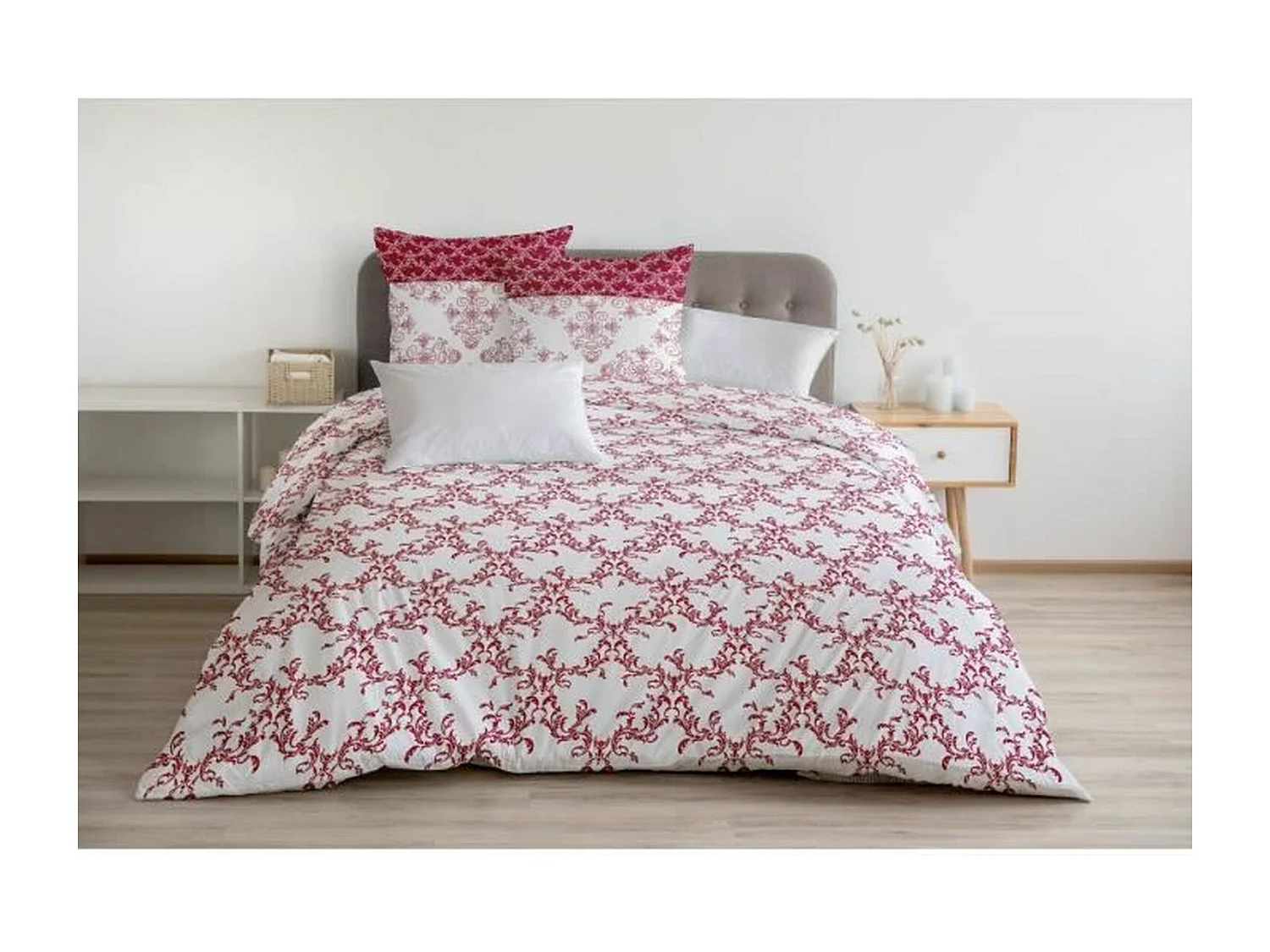 Parure de couette 240 x 260 cm : Housse de couette + 2 taies d'oreiller - 100% Coton - Bordeaux