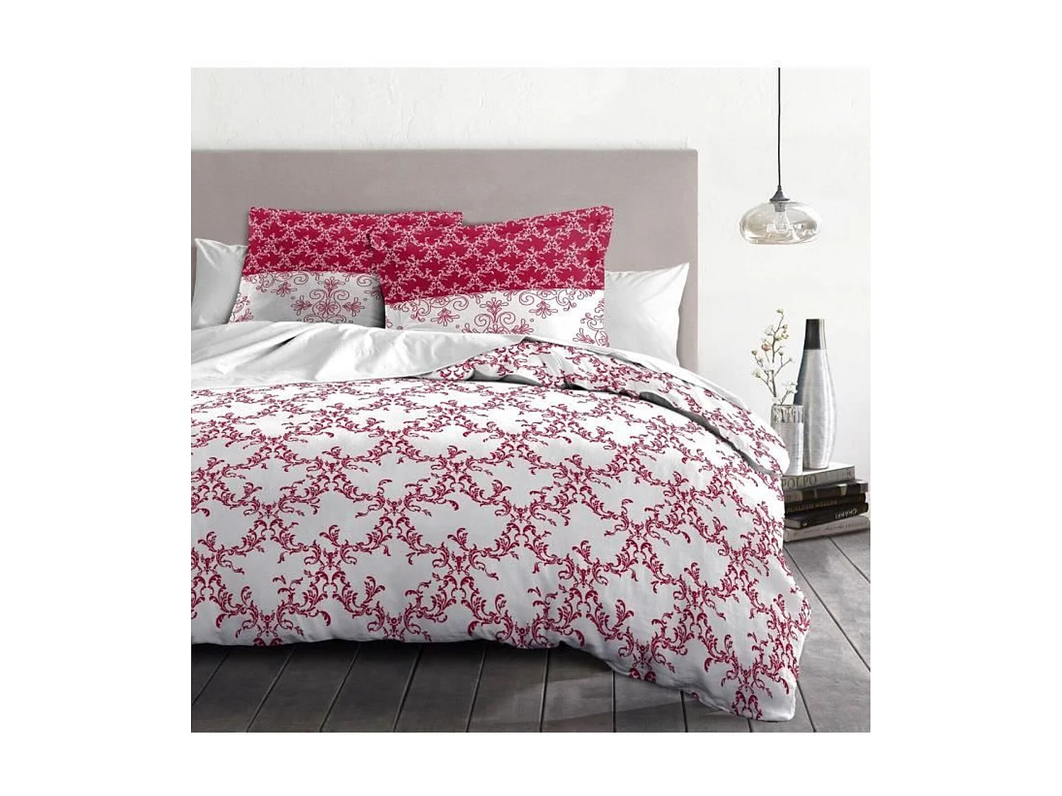 Parure de couette 240 x 260 cm : Housse de couette + 2 taies d'oreiller - 100% Coton - Bordeaux