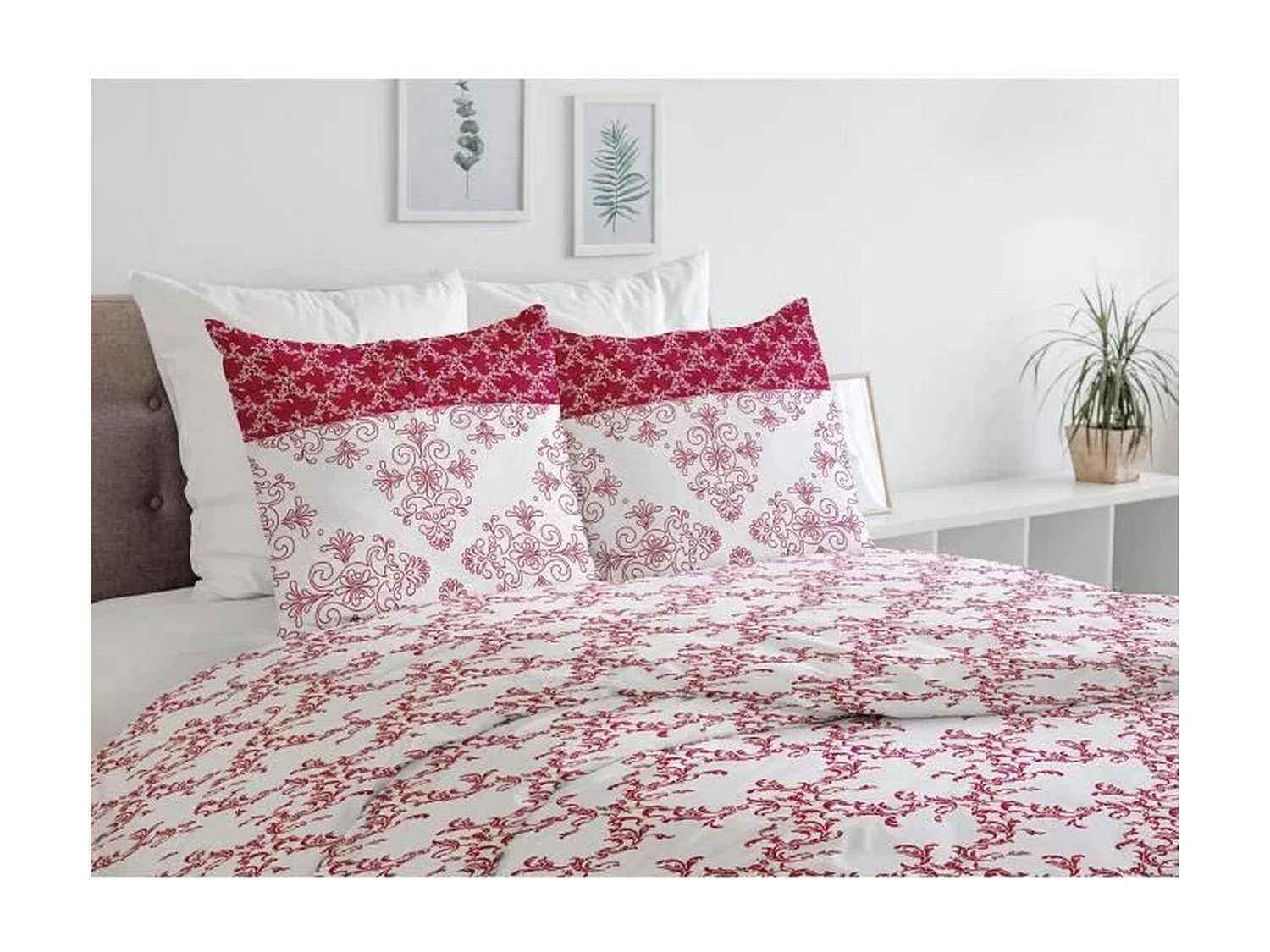 Parure de couette 240 x 260 cm : Housse de couette + 2 taies d'oreiller - 100% Coton - Bordeaux