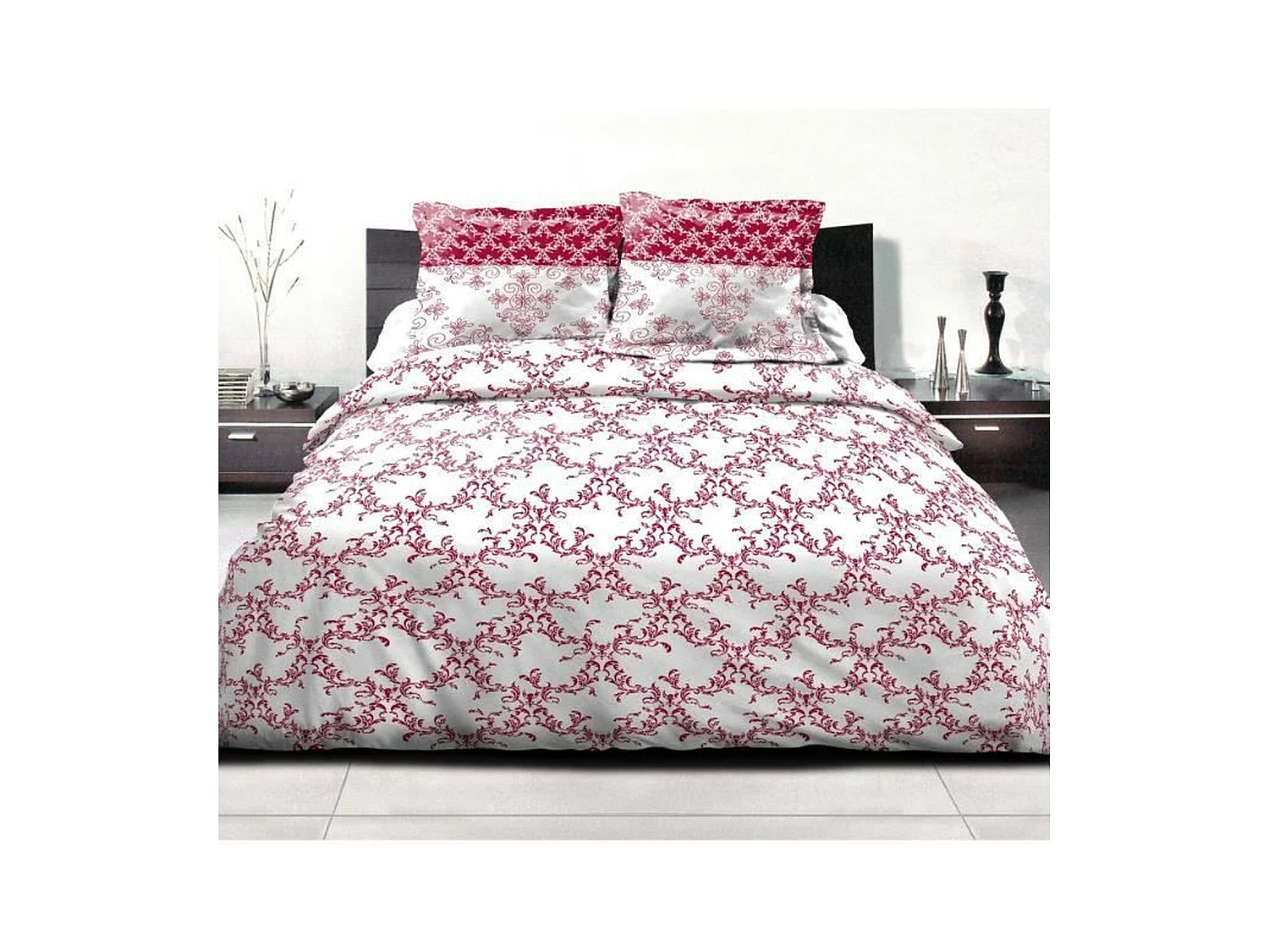 Parure de couette 240 x 260 cm : Housse de couette + 2 taies d'oreiller - 100% Coton - Bordeaux