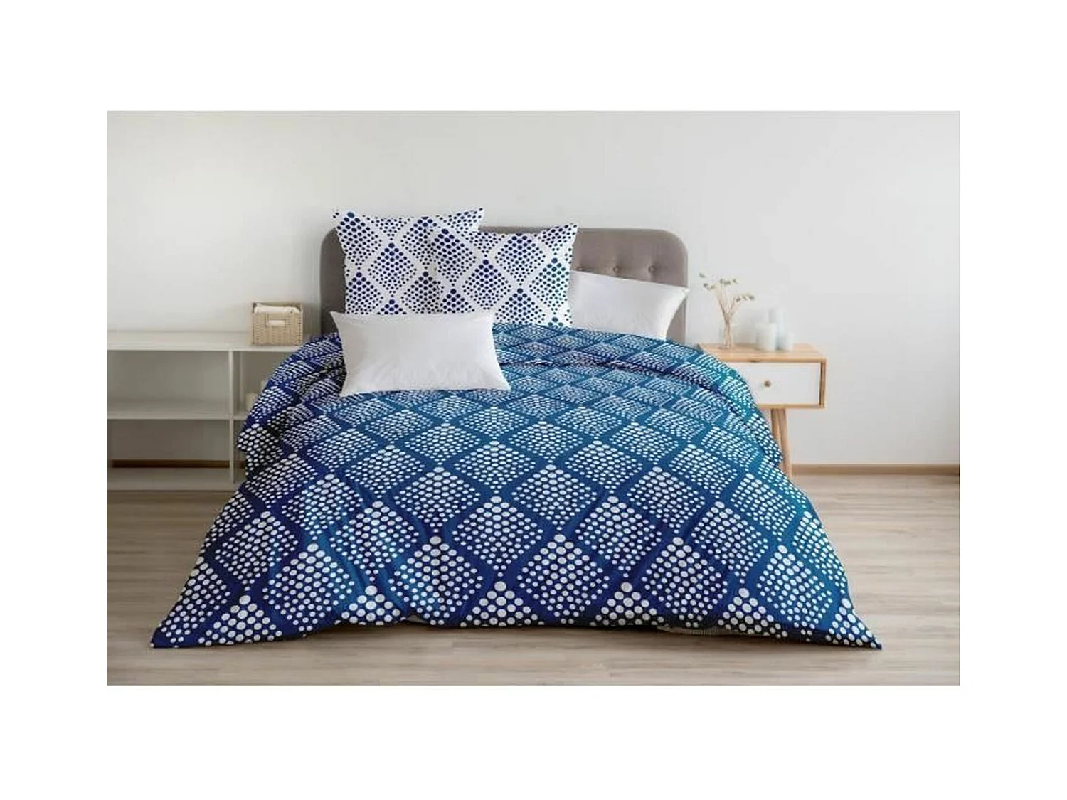 Parure de couette 240 x 260 cm : Housse de couette + 2 taies d'oreiller - 100% Coton - Bleu