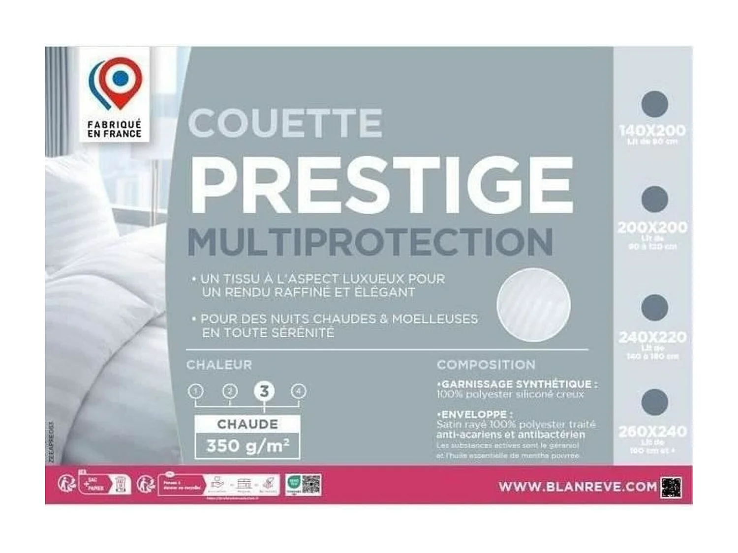 Dekbed 240 x 260 cm Satijnen hoes van gestreept polyester 100% polyester holle siliconen 350g - Prestige Multiprotection