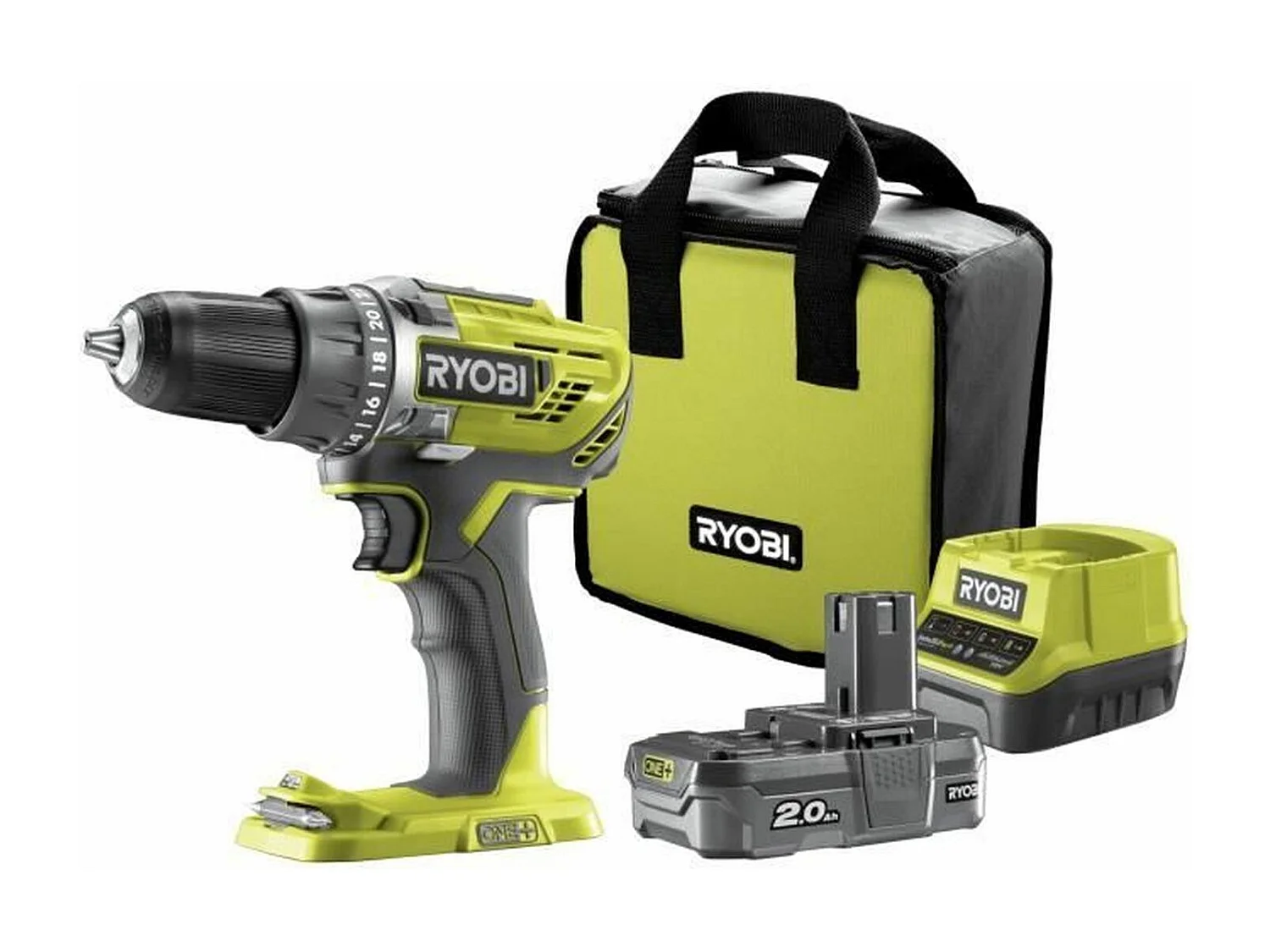 Draadloze boor- en schroefmachine 18V 50Nm Boorkop 13mm RYOBI met 2,0Ah accu en snellader