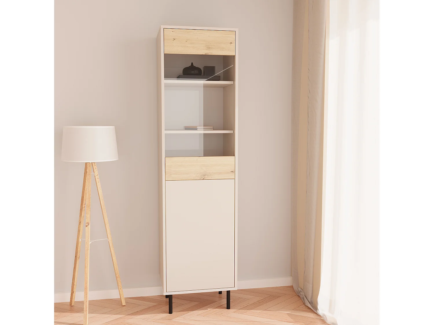 Vitrine WENA, 2 portes, Lola, 190x50x40 cm, Cachemire/Chêne artisanal