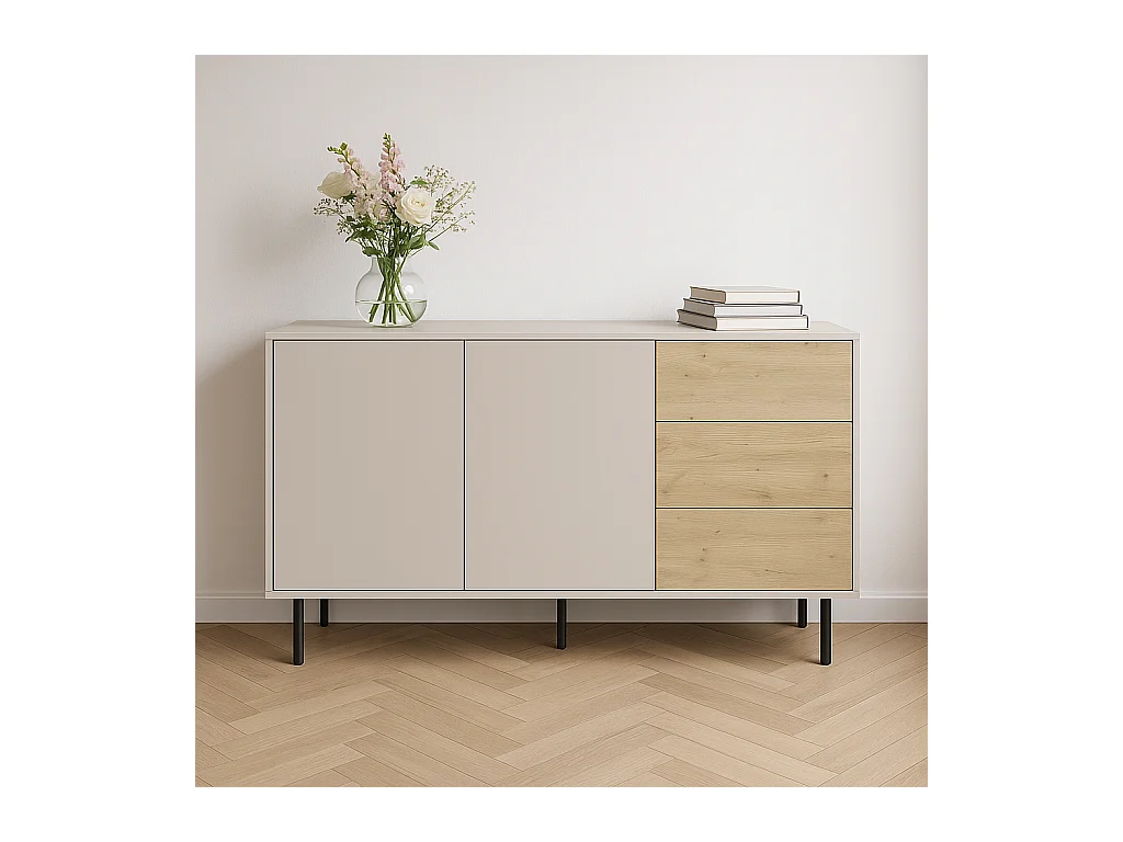 Commode WENA, 3 tiroirs, 2 portes, Lola, 150x85x40 cm, Cachemire/Chêne artisanal