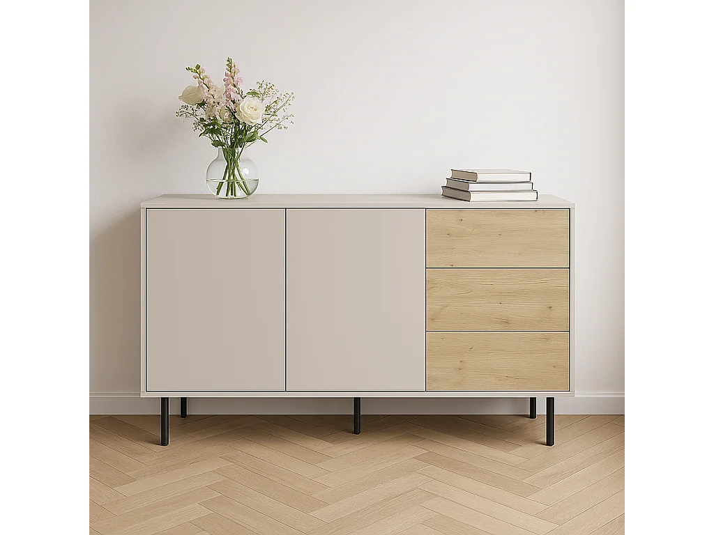 Commode WENA, 3 tiroirs, 2 portes, Lola, 150x85x40 cm, Cachemire/Chêne artisanal