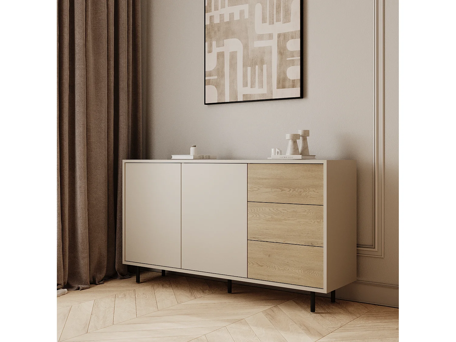 Commode WENA, 3 tiroirs, 2 portes, Lola, 150x85x40 cm, Cachemire/Chêne artisanal