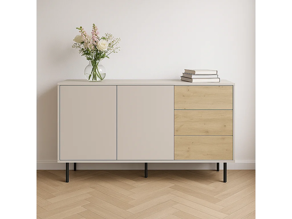 Commode WENA, 3 tiroirs, 2 portes, Lola, 150x85x40 cm, Cachemire/Chêne artisanal