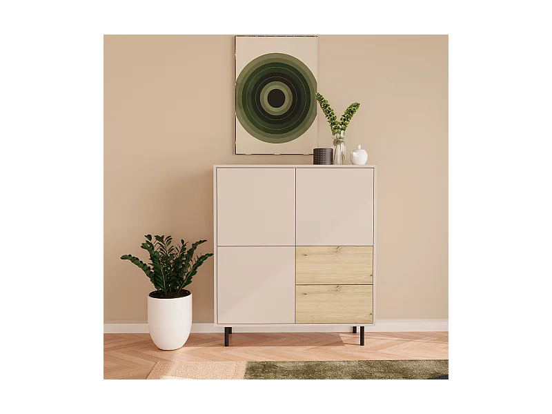 Highboard WENA, 2 Schubladen, 3 Türen, Lola, 100x115x40 cm, Kaschmir/Eiche artisan