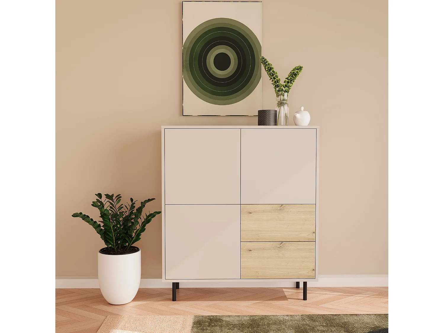 Commode haute WENA, 2 tiroirs, 3 portes, Lola, 100x115x40 cm, Cachemire/Chêne artisanal