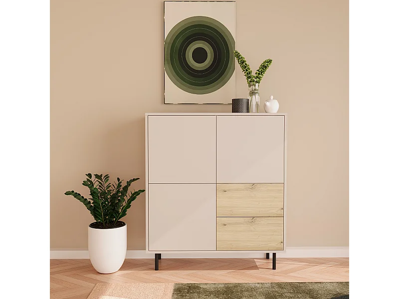 Hoge ladekast WENA, 2 laden, 3 deuren, Lola, 100x115x40 cm, Kasjmir/Ambachtelijke eik