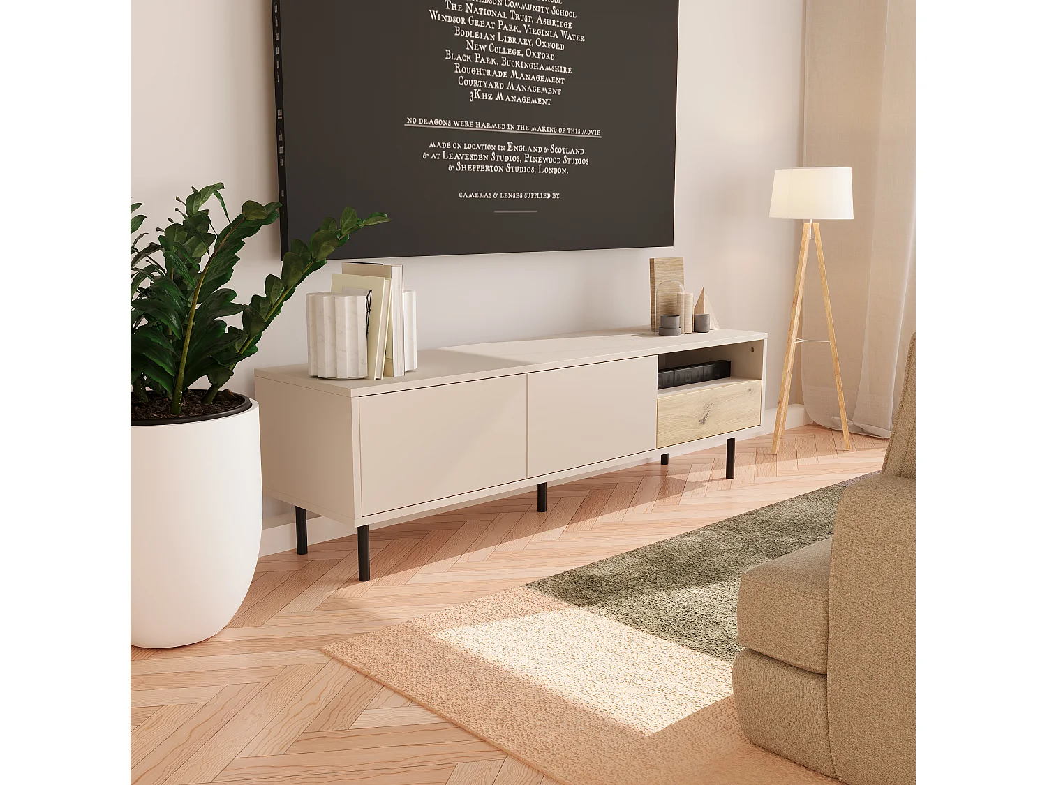 TV-Schrank WENA, 1 Schublade, 2 Türen, Lola, 150x45x40 cm, Kaschmir/Eiche artisan