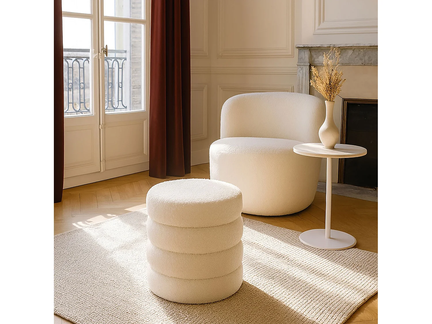 Now's Home - Pouf Tissu Teddy Blanc Structure En Bois 35x35x40cm Malo