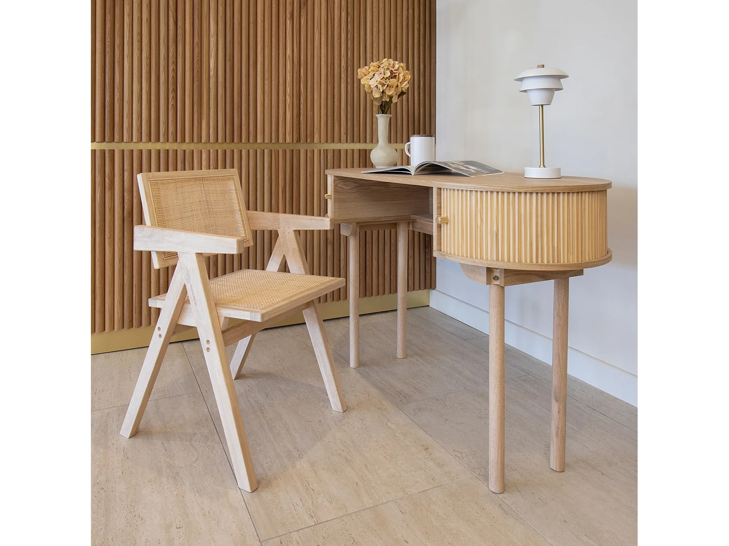 Now's Home - Chaise De Bureau En Bois De Pin  Et Cannage Rotin 50x52x80cm Hector