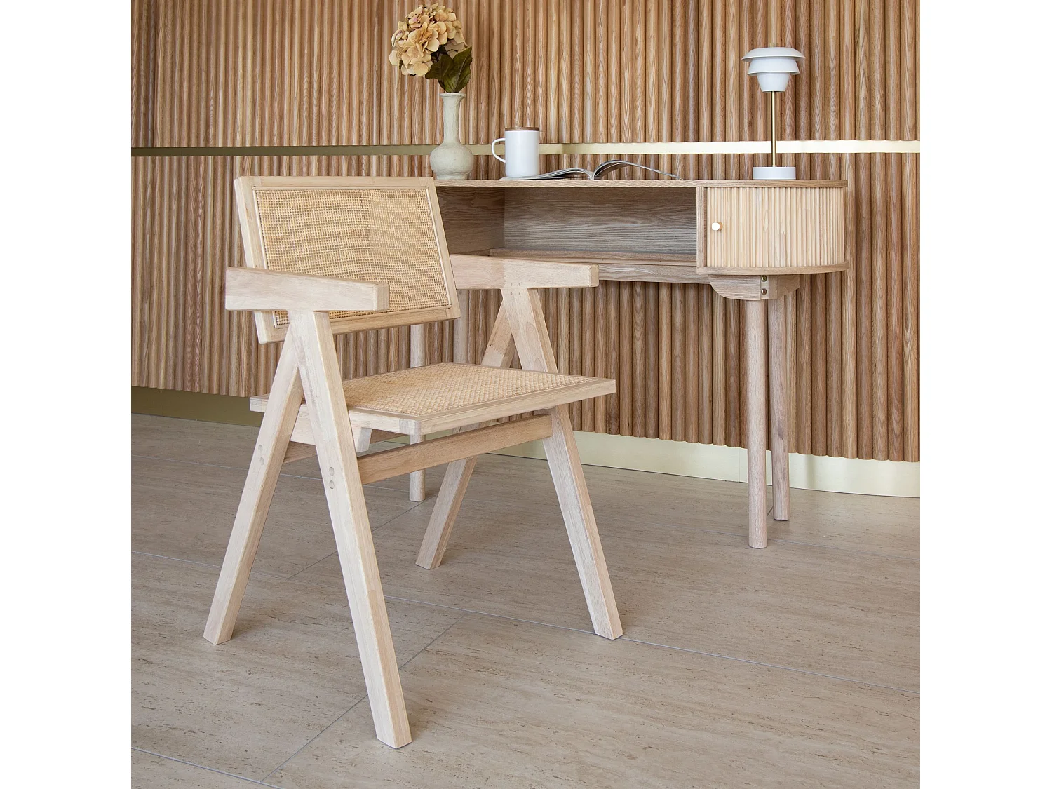 Now's Home - Chaise De Bureau En Bois De Pin  Et Cannage Rotin 50x52x80cm Hector