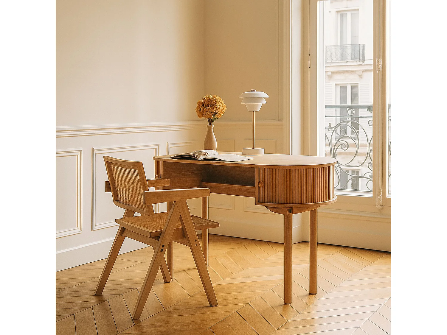 Now's Home - Fauteuil  Bureau En Bois De Pin  Et Cannage Rotin 50x52x80cm Hector