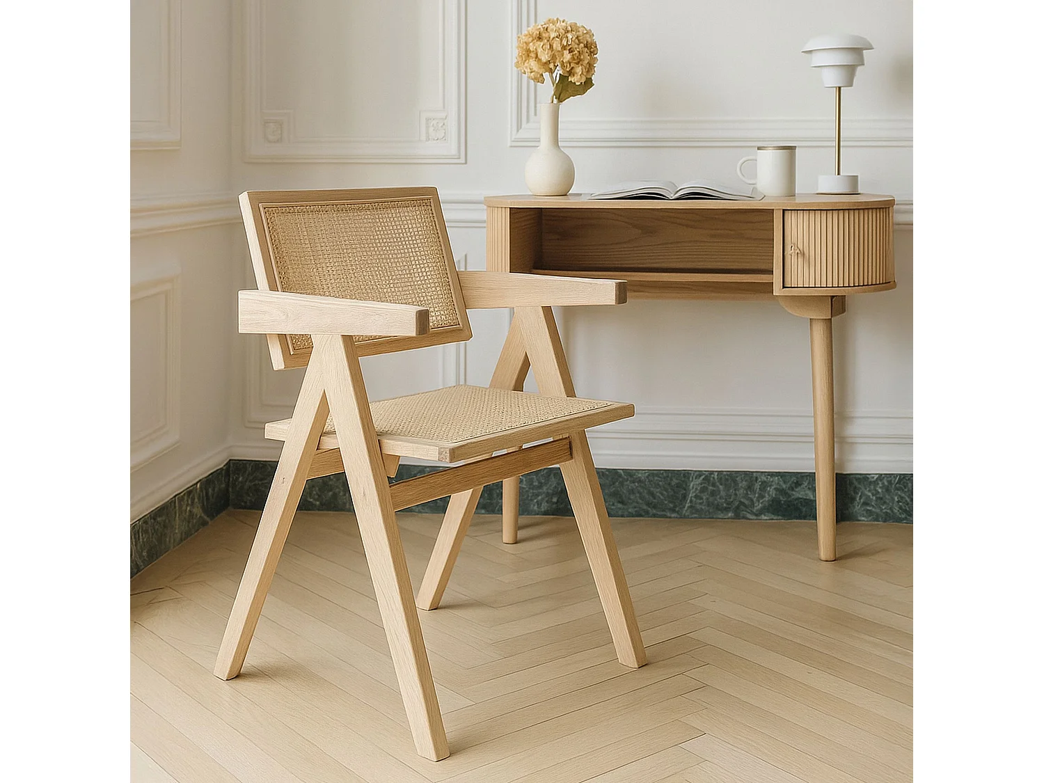 Now's Home - Fauteuil  Bureau En Bois De Pin  Et Cannage Rotin 50x52x80cm Hector
