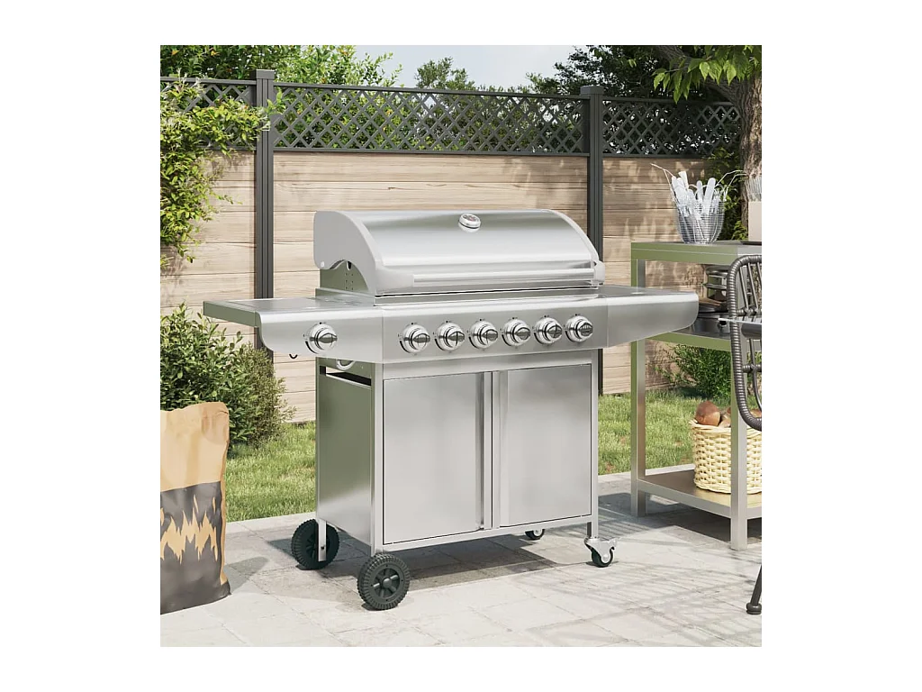 Barbecue a gas con 7 bruciatori in acciaio inox argentato