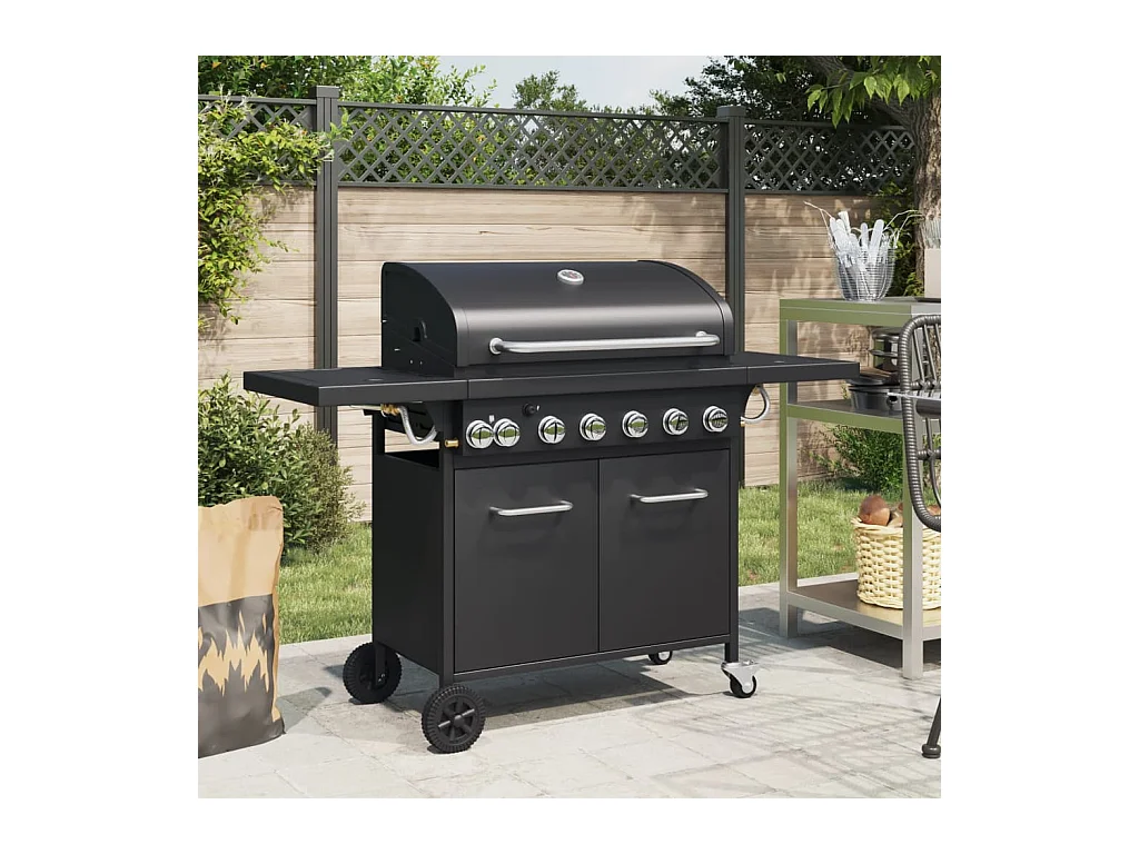 Barbecue a gas con 7 bruciatori in acciaio verniciato a polvere nera