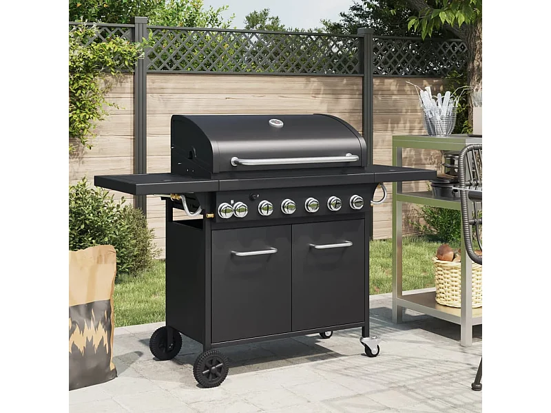 Barbecue a gas con 7 bruciatori in acciaio verniciato a polvere nera