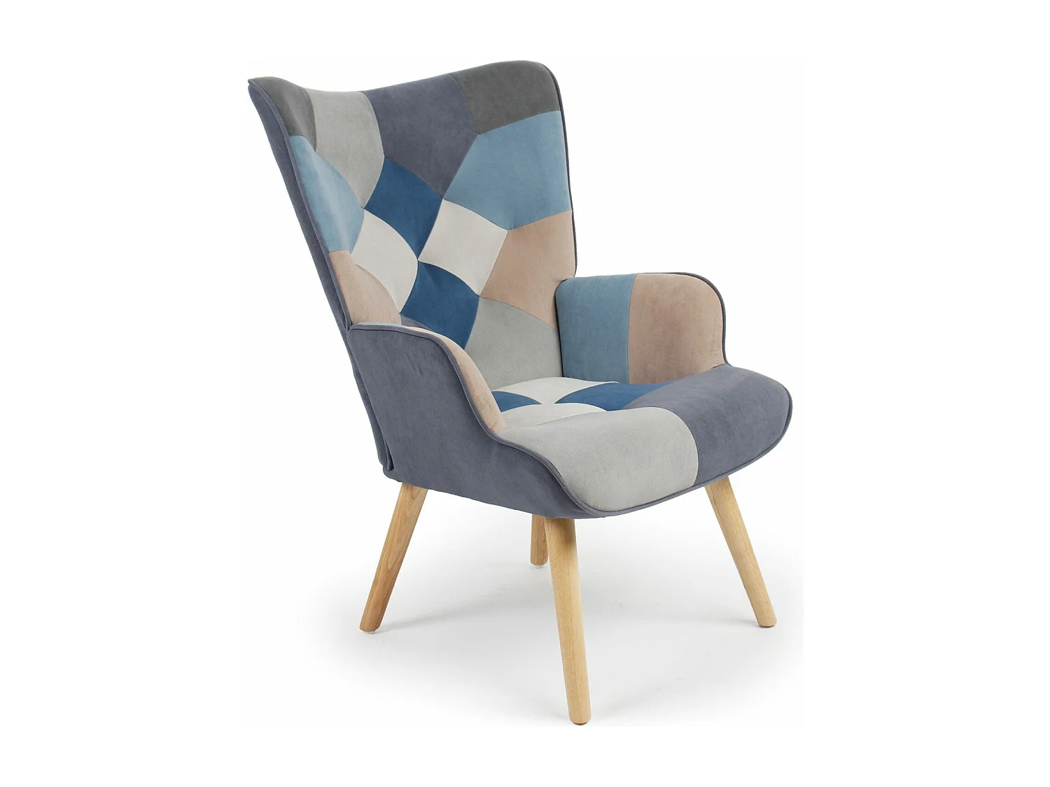 Poltrona scandinava Lyliane con velluto grigio e blu effetto patchwork