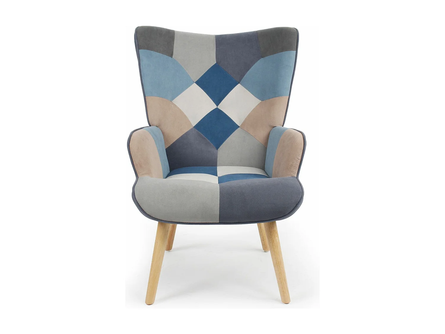 Poltrona scandinava Lyliane con velluto grigio e blu effetto patchwork
