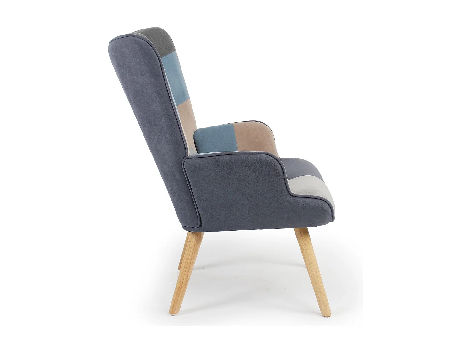 Poltrona scandinava Lyliane con velluto grigio e blu effetto patchwork