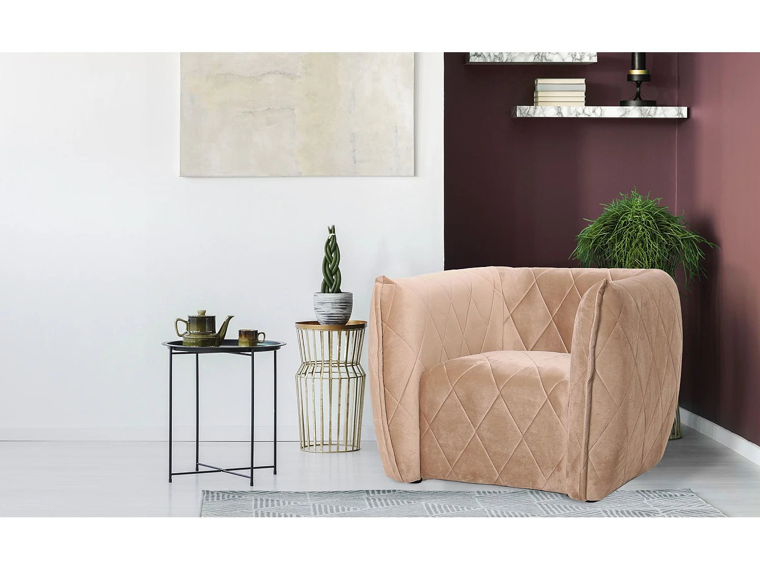 Fauteuil moderne revêtement matelassé Losania Velours Taupe clair
