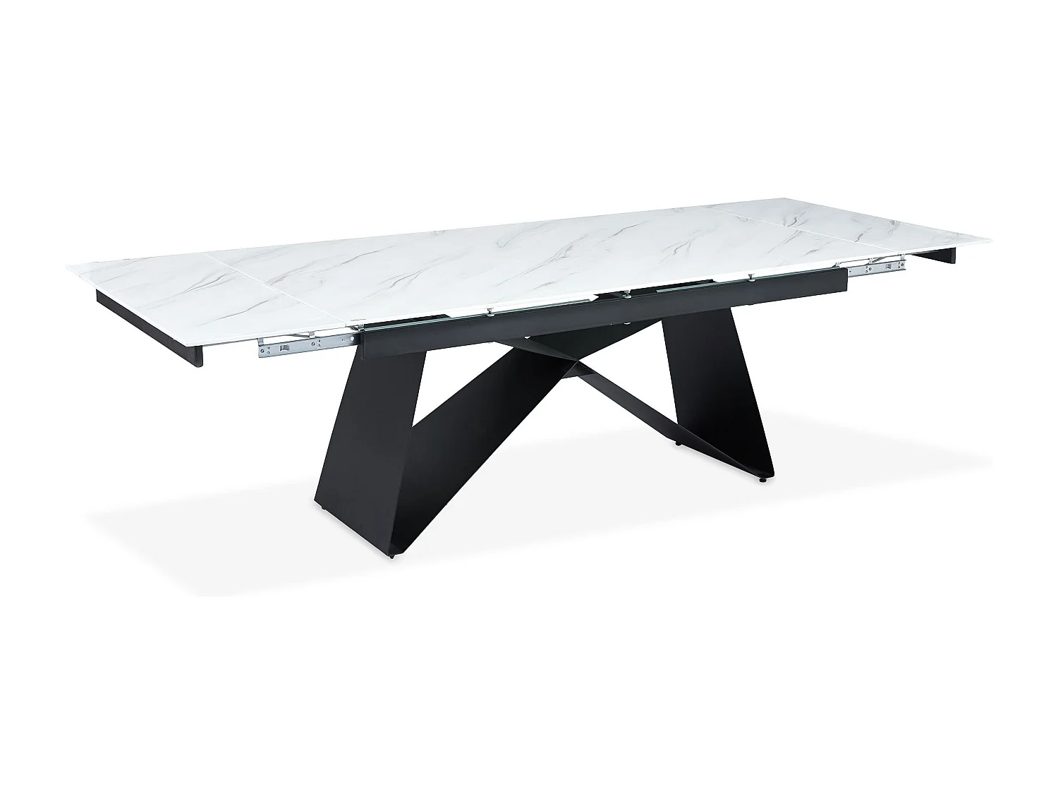 Table à manger extensible Mogarie Verre Effet marbre blanc et pieds Métal Noir
