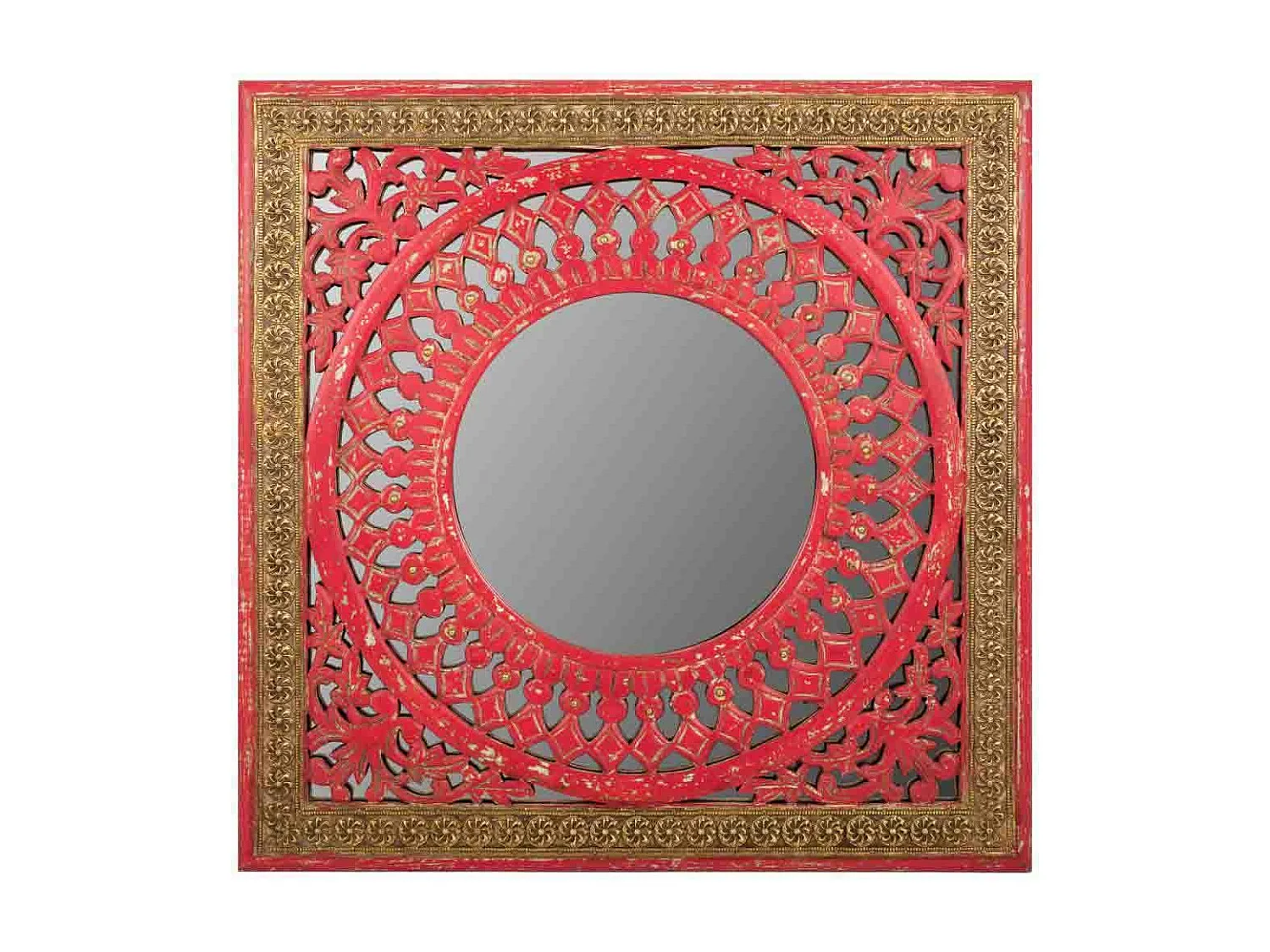 Specchio in legno rosso fatto a mano 60,5x1,5x60,5 cm