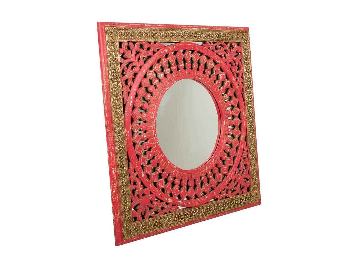 Specchio in legno rosso fatto a mano 60,5x1,5x60,5 cm