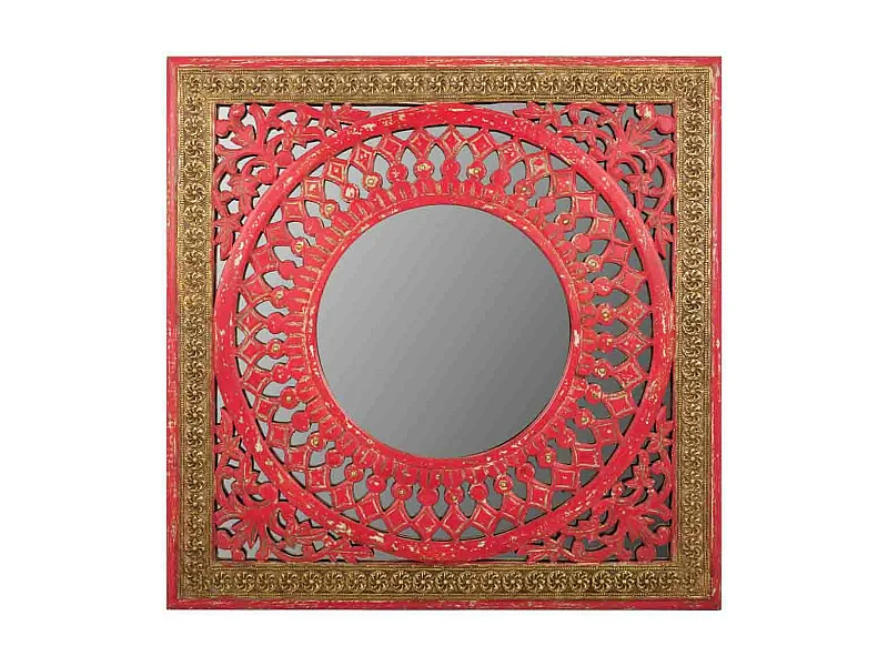 Espejo de madera artesanal  rojo 60,5x1,5x60,5 cm