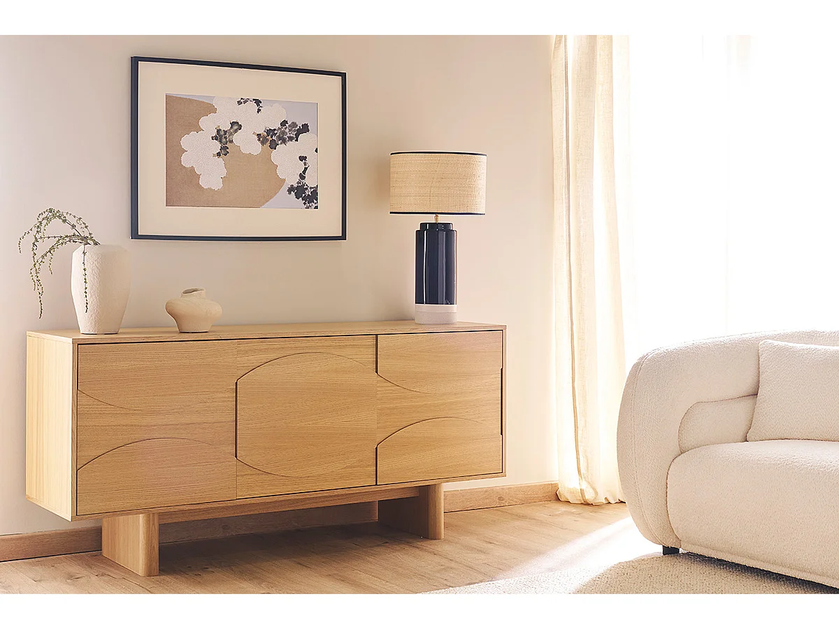 Lampe à poser noire en céramique et abat-jour en rabane H64 cm MAJES