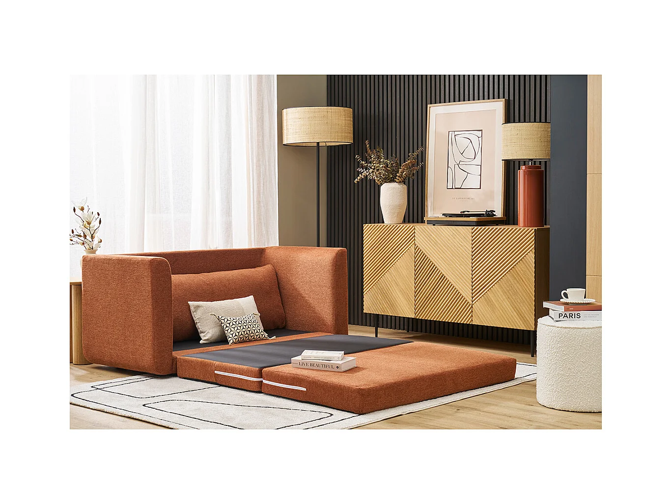 Zweisitzer-Schlafsofa aus strukturiertem Samteffektstoff in gebrannter Erde LEON