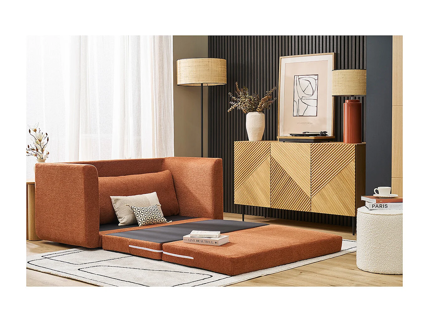 Canapé convertible 2 places en tissu effet velours texturé terre brûlée LEON