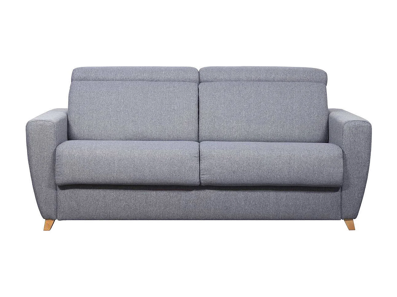 Canapé convertible avec têtières ajustables 3 places en tissu gris et bois clair et matelas 18 cm GOYA