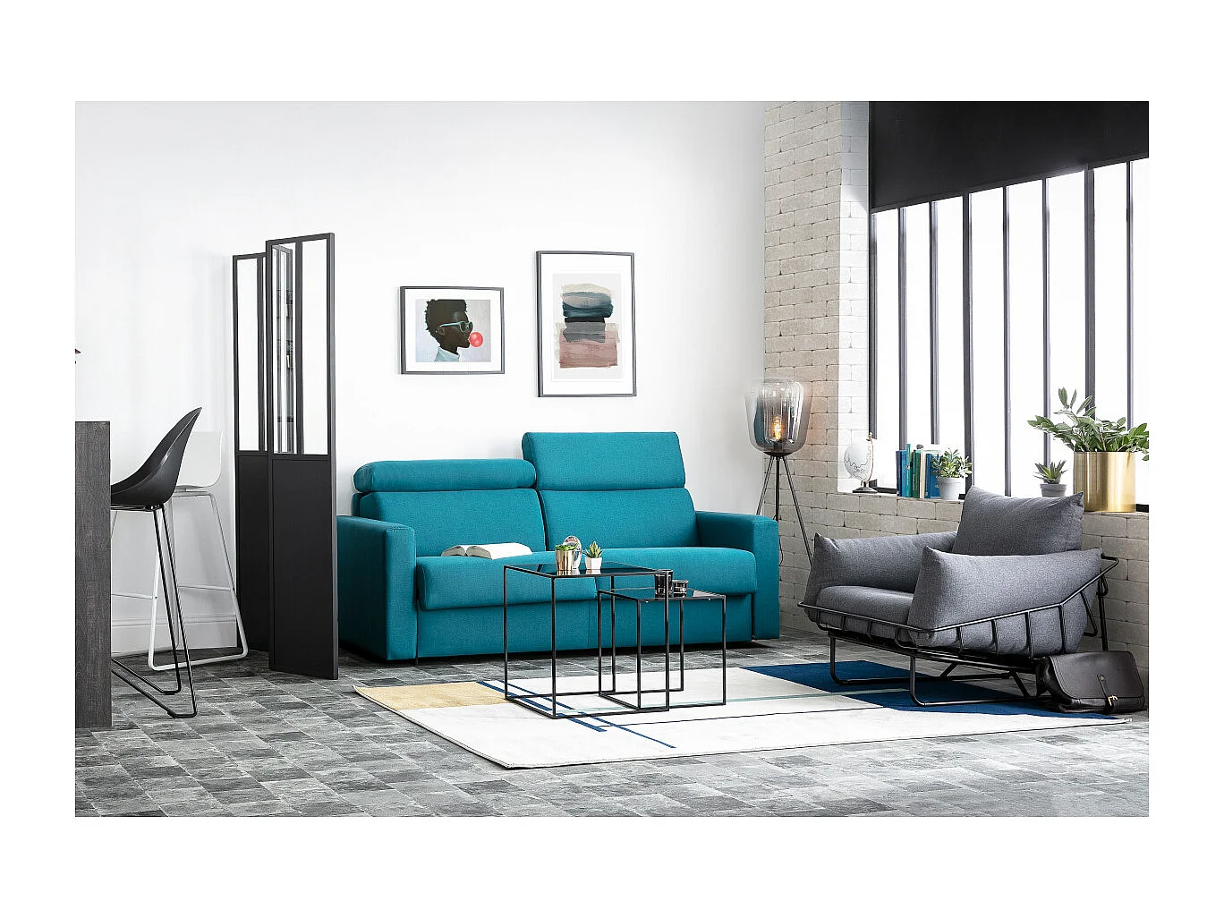 Sofá convertible 3 plazas con reposacabezas ajustables azul petróleo NORO