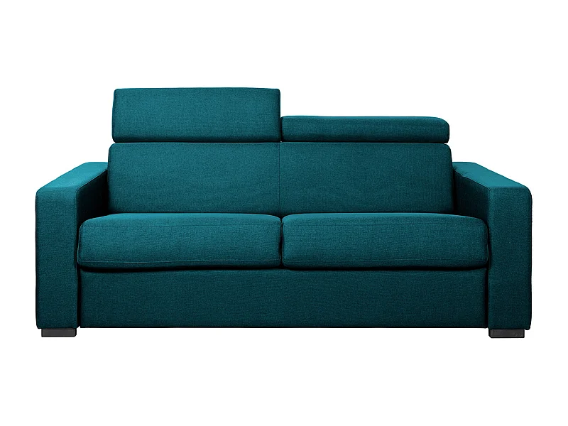 Canapé convertible avec têtières ajustables 3 places en tissu bleu canard avec matelas 12 cm NORO