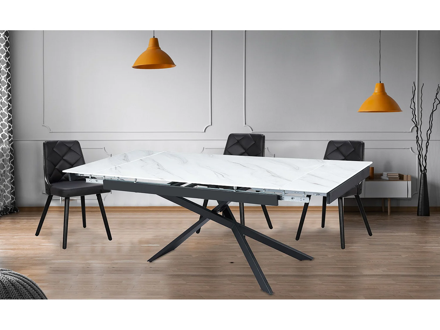 Table à manger extensible Ismael en Verre effet marbre blanc et pieds Métal Noir
