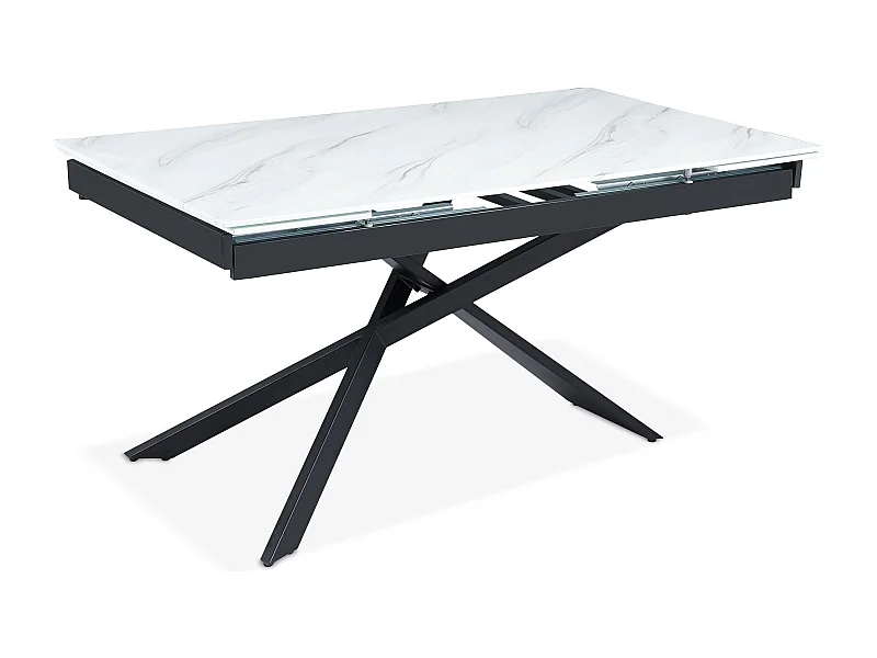 Table à manger extensible Ismael en Verre effet marbre blanc et pieds Métal Noir