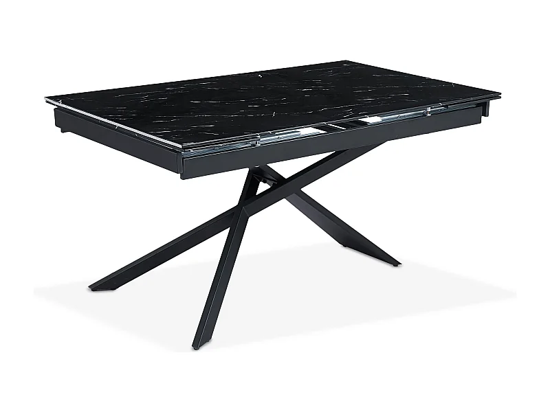 Table à manger extensible Ismael en Verre effet marbre noir et pieds Métal Noir