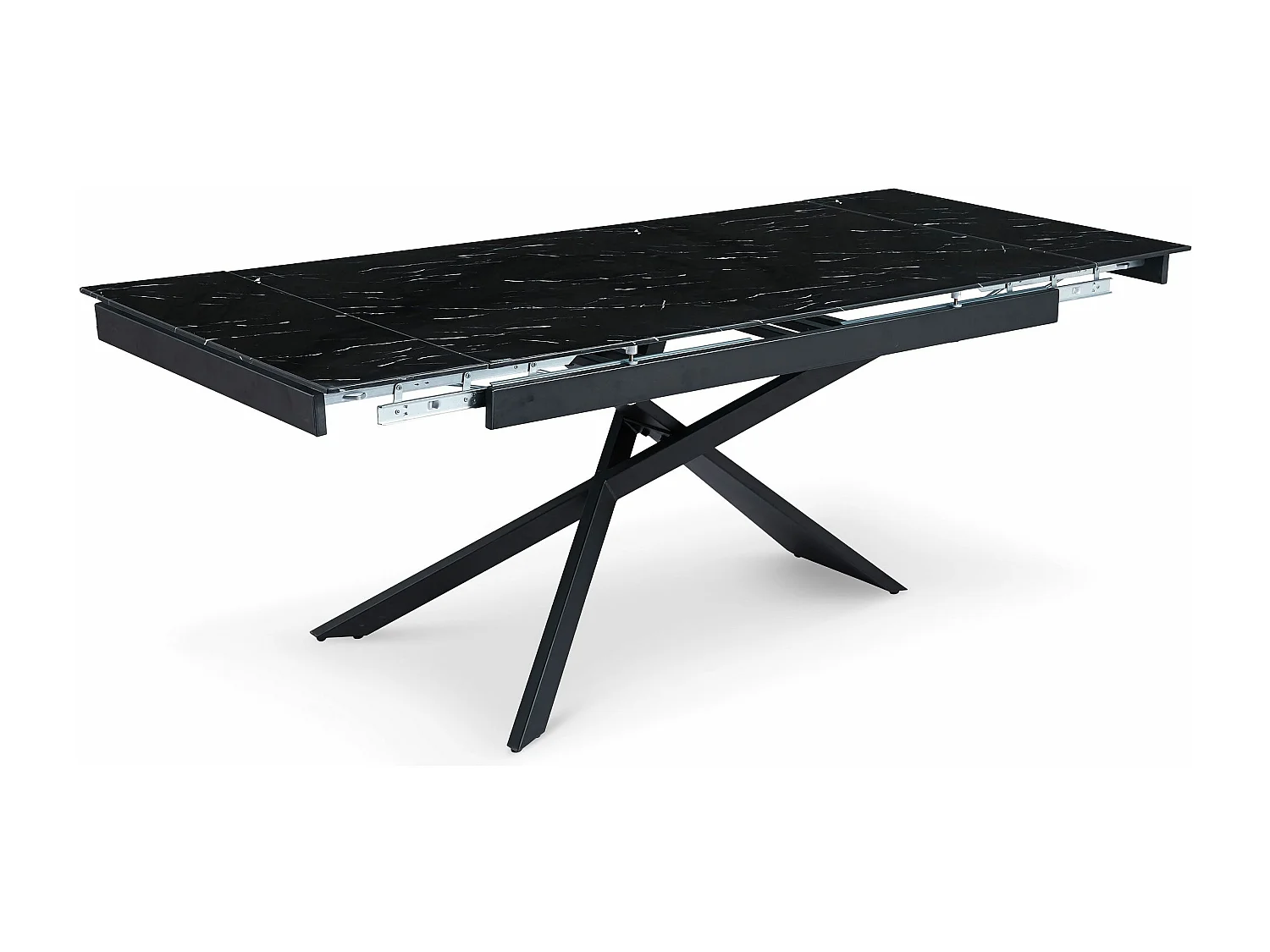 Table à manger extensible Ismael en Verre effet marbre noir et pieds Métal Noir