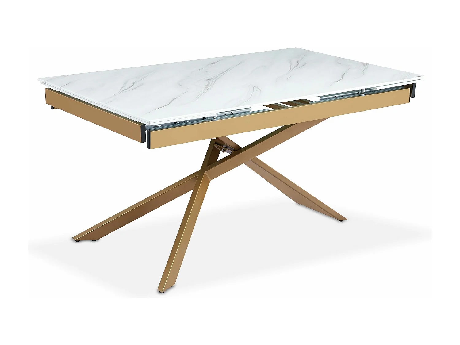 Table à manger extensible Ismael en Verre effet Marbre Blanc et pieds Métal Or