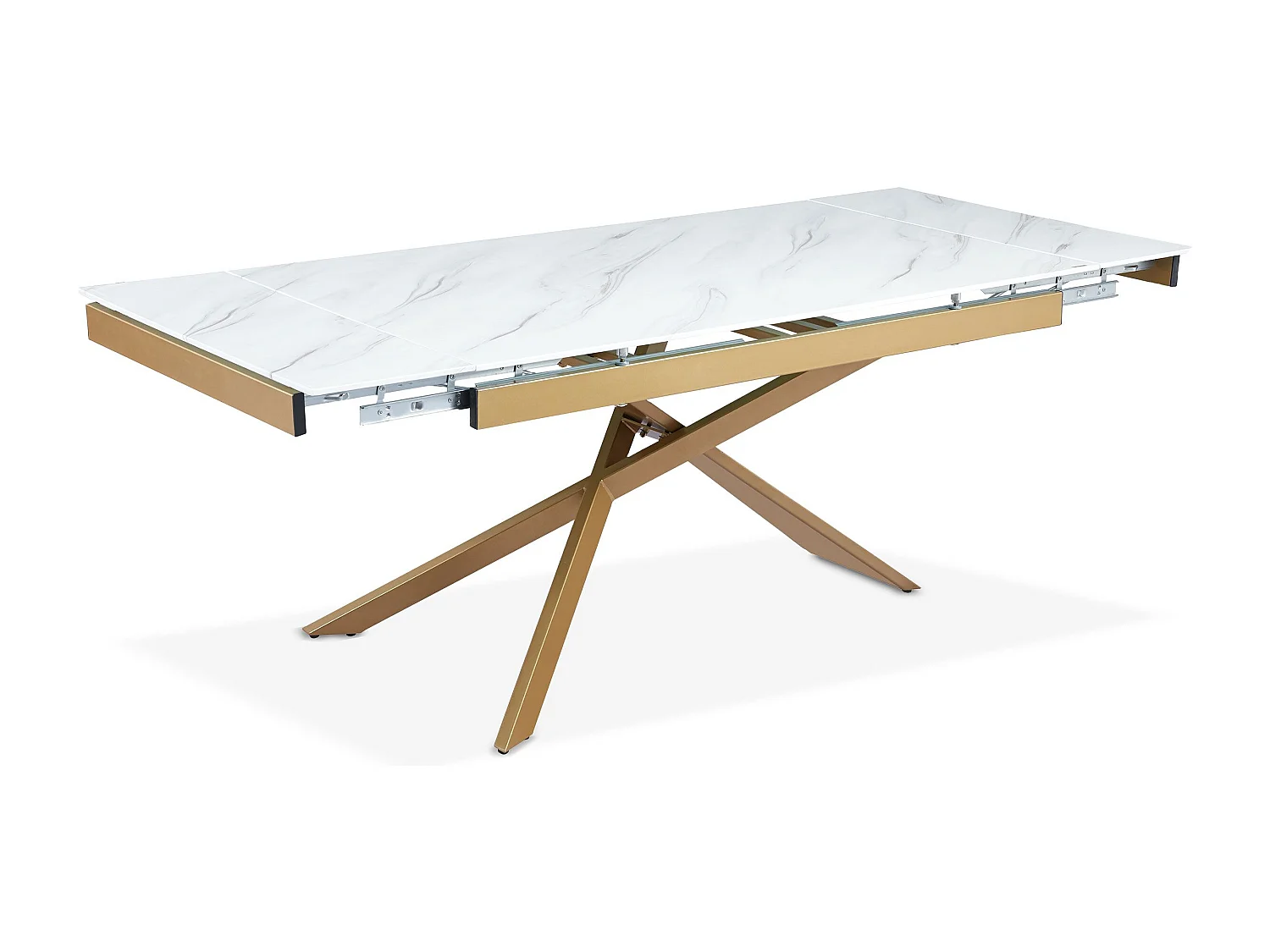 Table à manger extensible Ismael en Verre effet Marbre Blanc et pieds Métal Or