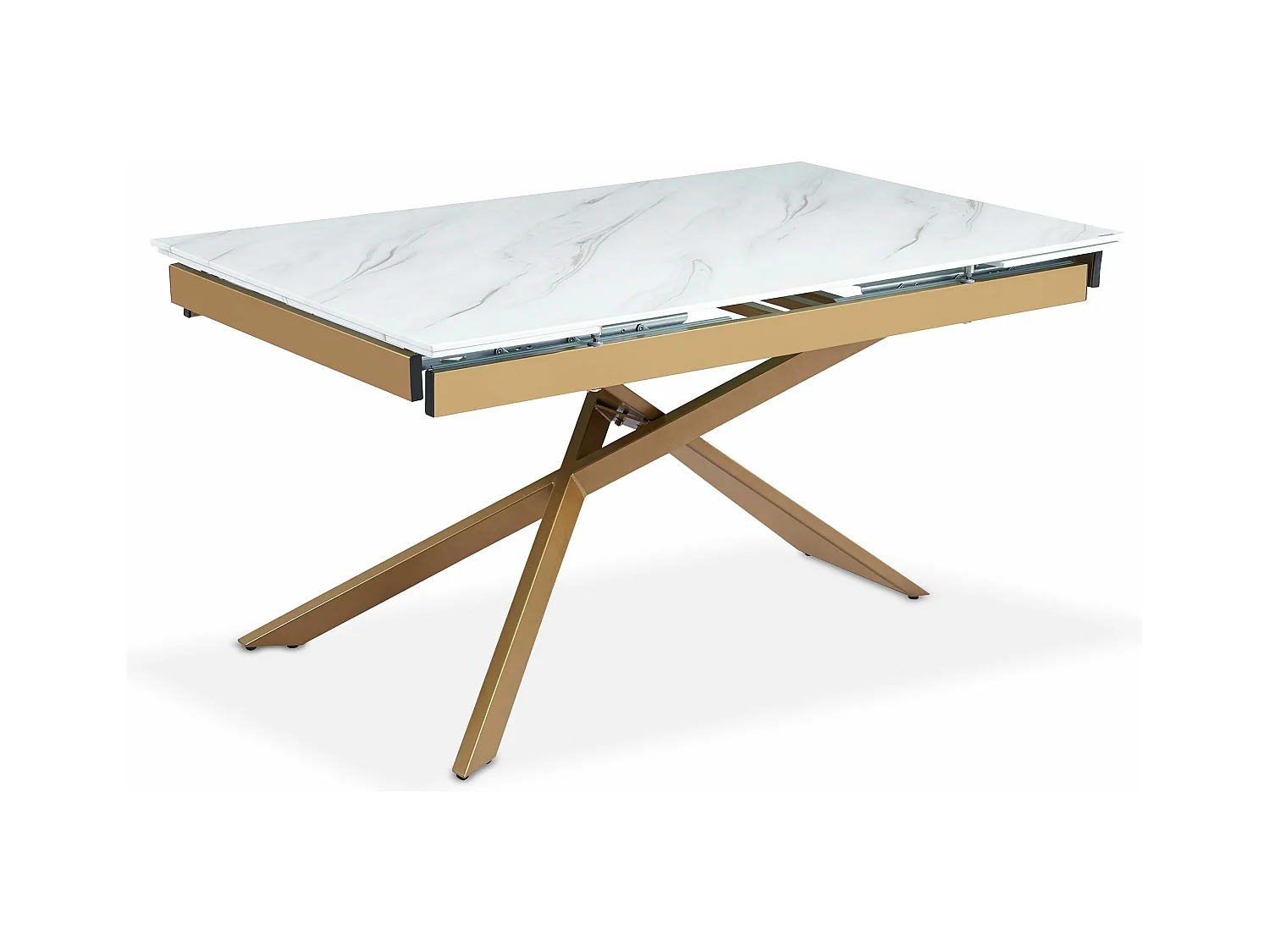 Table à manger extensible Ismael en Verre effet Marbre Blanc et pieds Métal Or