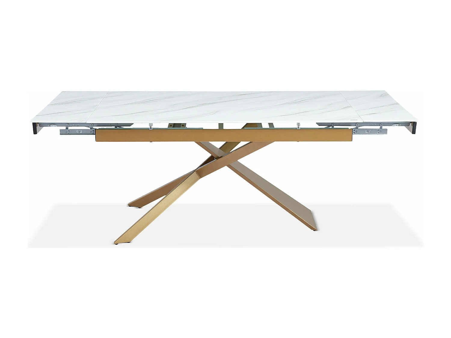 Table à manger extensible Ismael en Verre effet Marbre Blanc et pieds Métal Or